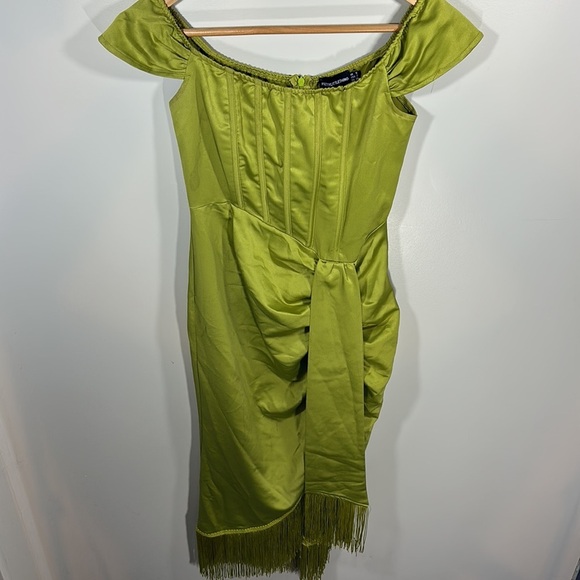 PrettyLittle Thing Olive Satin Bardot Tassel Hem Draped Midi Dress Satin Formal - Picture 14 of 16